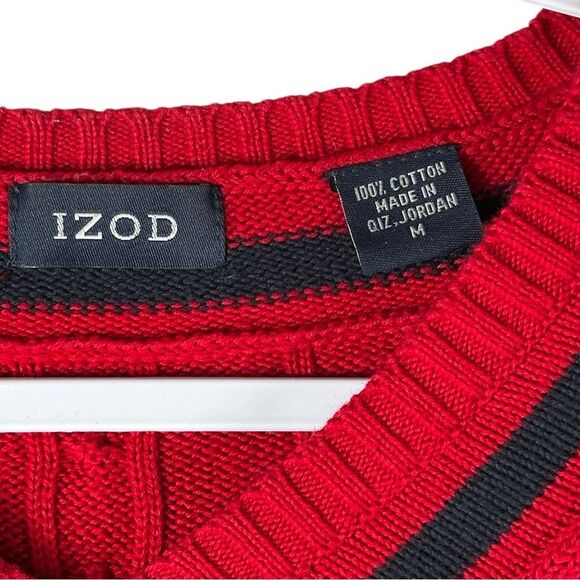 Izod Red Cable Knit Varsity Striped V-Neck Long Sleeve tennis Sweater Medium - Picture 3 of 5
